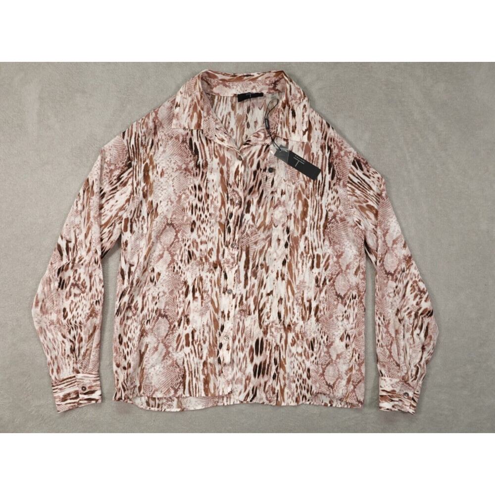Tahari Womens Brown Collared Button Up Long Sleeve Animal Print Blouse Size S8